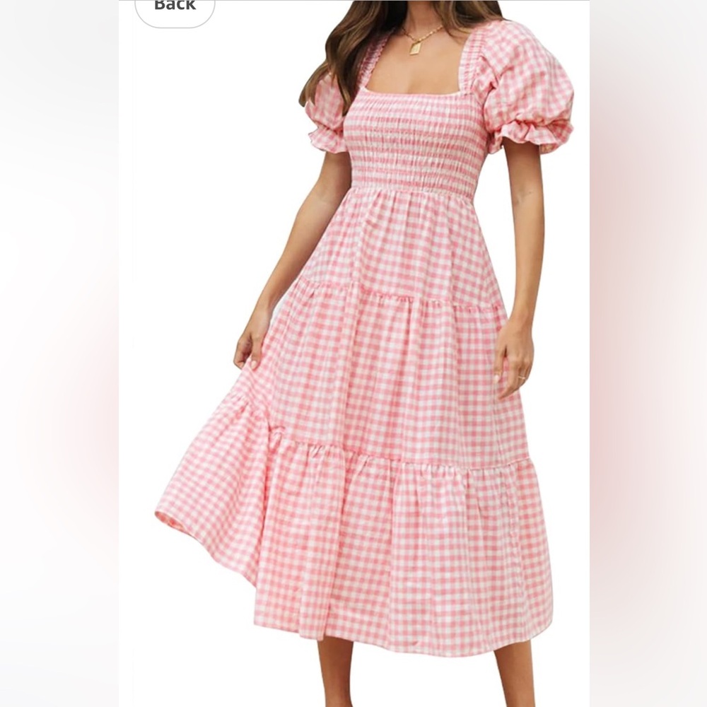 Chic Pink Gingham Midi Dress with Puff Sleeves